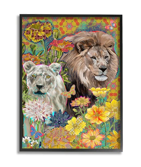 Stupell Industries Lion Couple Behind Tropical Florals Arabesque Pattern in Frame Wall Art